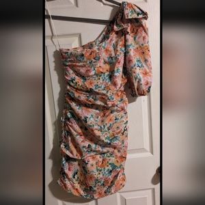 Zara Floral Print Mini Dress XS Ruched One Shoulder Bow Wedding Spring Y2K